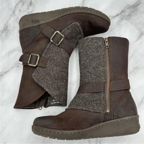 Born Boots Womens Size 7 Brown Leather Wedge Biker Mid Calf Buckle Zip F59106 - Picture 7 of 14